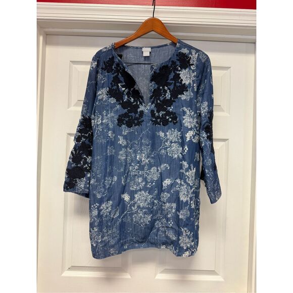 Chico’s Blue Soft Lyocell Floral Applique Tunic Blouse sz 2 or L EUC - Picture 1 of 9